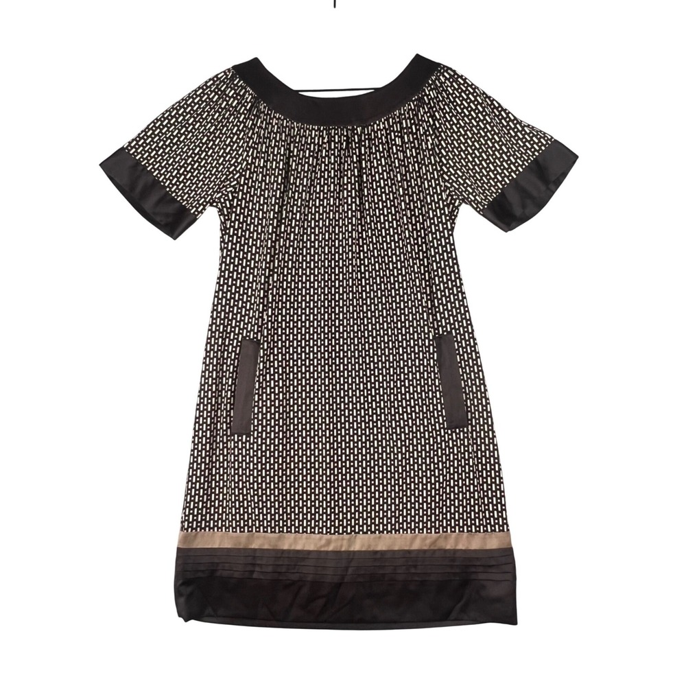 BCBG Paris Womens Brown Geometric Mosaic Shift Dress Satin‎ Trim Pockets Size 4